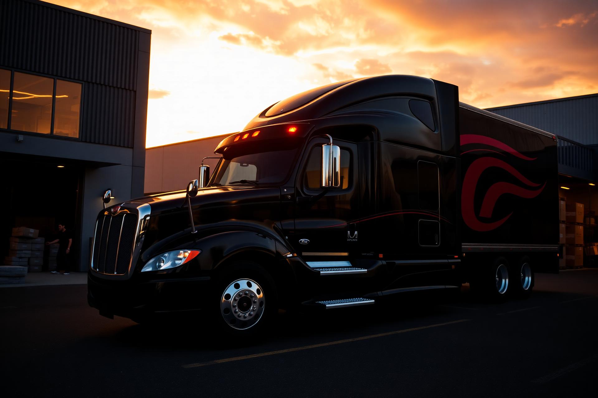 Black moving truck at sunset